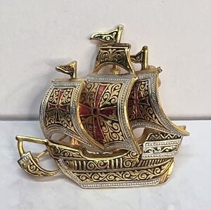 Vintage Spanish Enamel Galleon Ship Brooch – Gold-Tone, Red Cross Sails, Marked